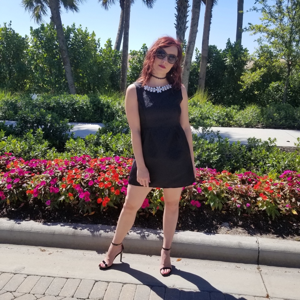 Black Fit & Flair Dress with Rhinestone Necklace